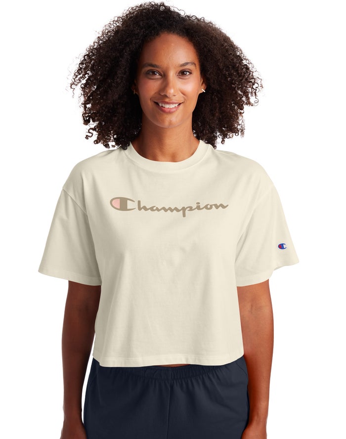 Champion Cropped Script Logo Kadın Tişört Krema ( EOJTUC638 )